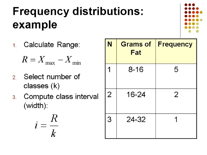 Frequency distributions: example Calculate Range:   Select number of classes (k) Compute class